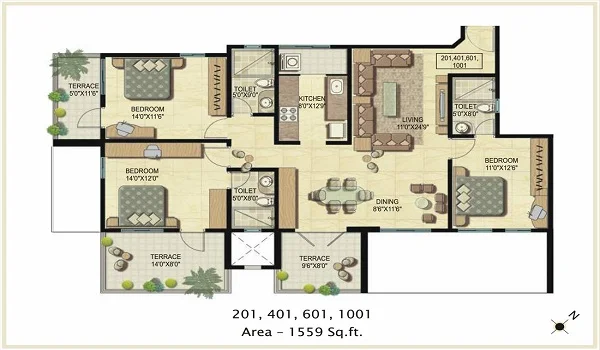 Prestige Rock Cliff 3 BHK Apartment Floor Plan